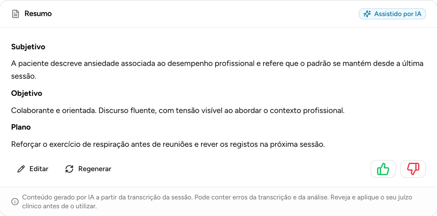 Nota de sessão redigida por IA na Mena, com as secções Subjetivo, Objetivo e Plano, os botões Editar e Regenerar e um lembrete para rever.
